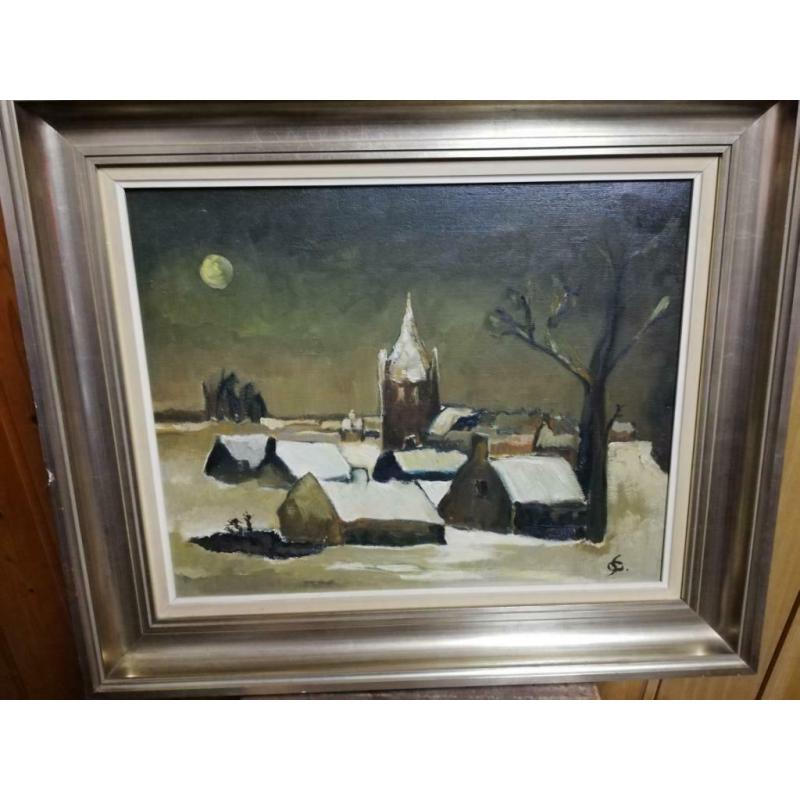 G Steyaert, Schilderij Winterdorp, gesigneerd